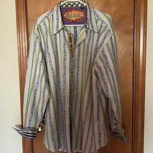 Robert Graham striped & print.  The collar and cuffs are accented.Very nice NWOT